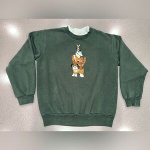 Whimsical Vintage Puppy Totem Crewneck 🐾 Forest Green Embroidered Sweatshirt- M